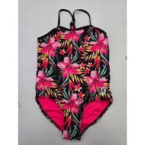 Hurley Girls Floral One-Piece Swimsuit 5/6 Neon Pink & Black